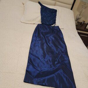 Navy Blue Pencil Long Skirt, with sequin one shoulder top, size 3/4